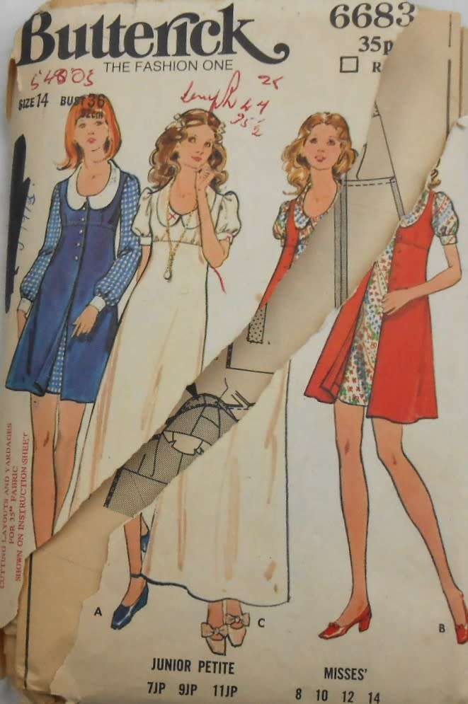 VINTAGE BUTTERICK 6683 DRESS & LONG WAISTCOAT SIZE 14 BUST 36 COMPLETE-ZIPLOC