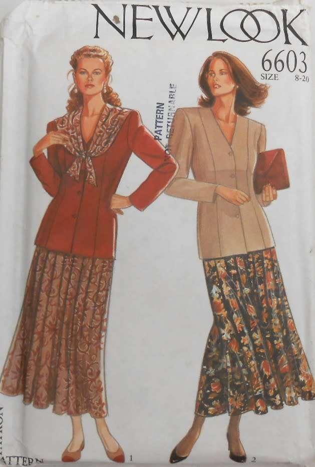 NEW LOOK PATTERNS 6603  JACKET WITH SCARF/COLLAR & SKIRT SIZE-8-20-COMPLETE-UNCUT-F/FOLDED