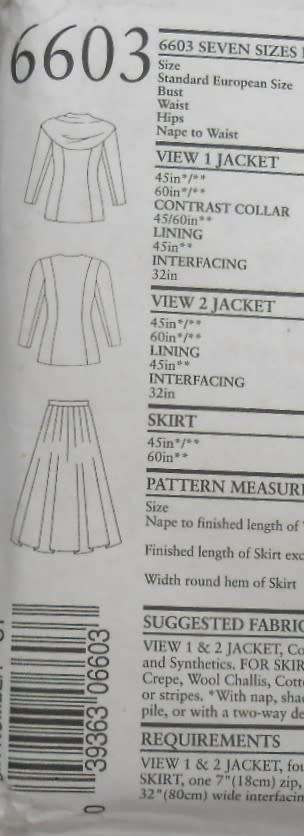 NEW LOOK PATTERNS 6603  JACKET WITH SCARF/COLLAR & SKIRT SIZE-8-20-COMPLETE-UNCUT-F/FOLDED