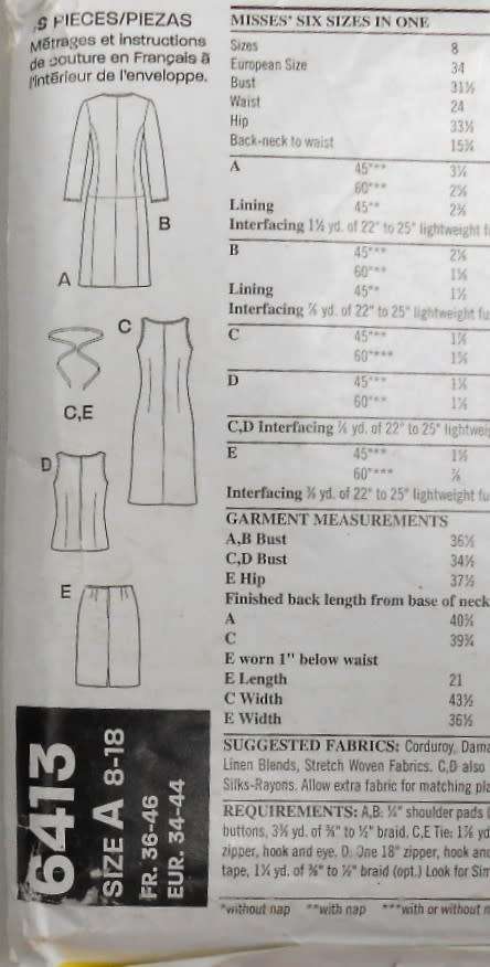 NEW LOOK PATTERNS 6413  DRESS-TOP-SKIRT SIZE-8-18-NO COAT OR JACKET PATTERN SUPPLIED