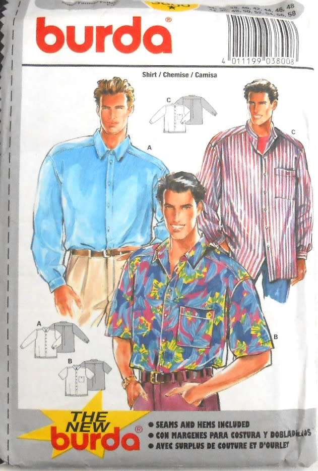 BURDA 3800 MENS SHIRTS SIZE 34-48 COMPLETE-CUT TO 44