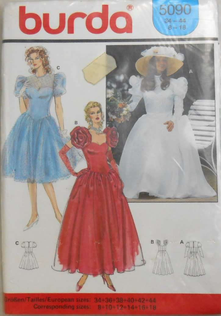 BURDA 5090 PARTY DRESS WITH PUFF SLEEVES-SIZE 8-18-COMPLETE-UNCUT-F/FOLDED-SEALED