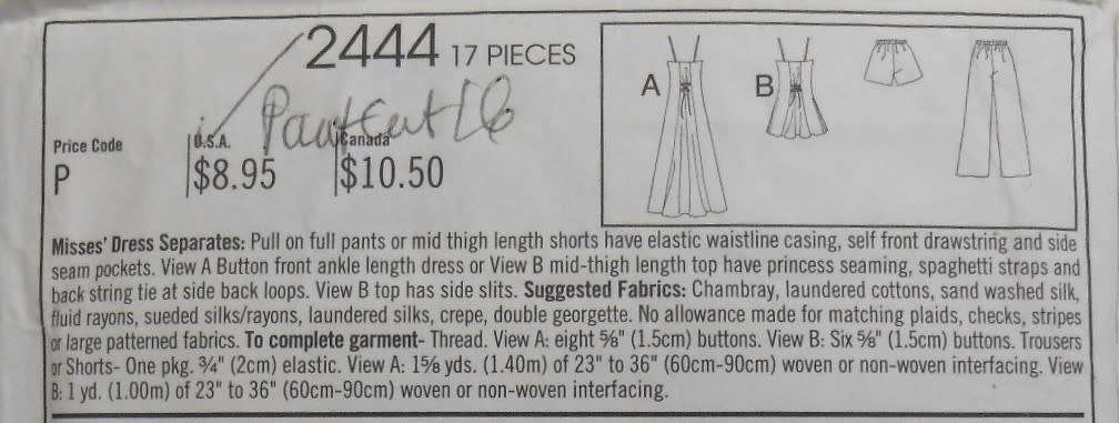 STYLE 2444 TOP & DRESS WITH SPAGHETTI STRAPS-SHORTS-PANTS SIZE 6-16 PART CUT TO 16