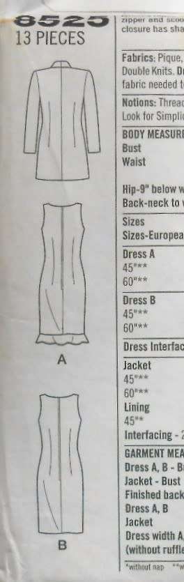 SIMPLICITY 8525 SEMI FITTED LINED SHEATH DRESS-LINED JACKET SIZE 10-12-14 COMPLETE-UNCUT-F/FOLDED
