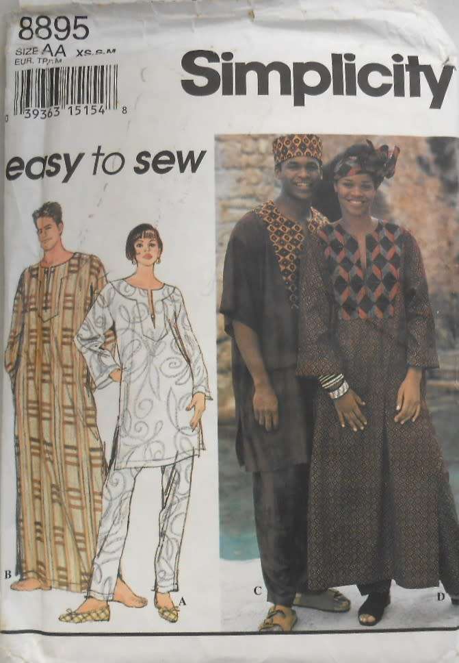 SIMPLICITY 8895 UNISEX CAFTAN-TOP-PANTS-HAT-HEADWRAP SIZE XS-S-M (6-16) COMPLETE-CUT TO 14-16 M