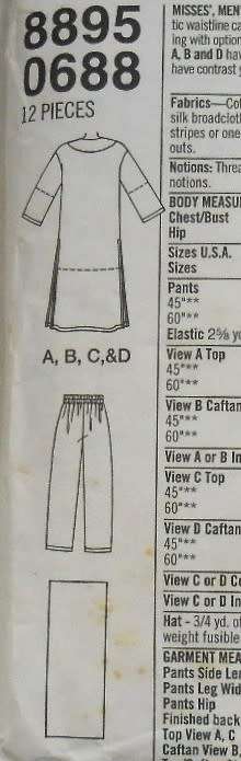 SIMPLICITY 8895 UNISEX CAFTAN-TOP-PANTS-HAT-HEADWRAP SIZE XS-S-M (6-16) COMPLETE-CUT TO 14-16 M