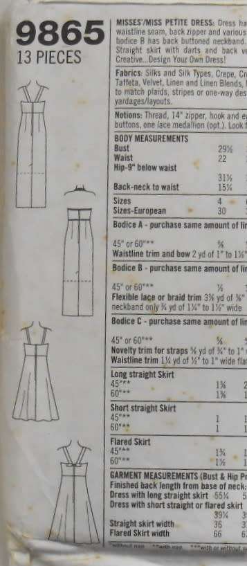 SIMPLICITY 9865 DRESS -VARIOUS LINED BODICE SIZE 10-12-14 COMPLETE-PART CUT TO 14