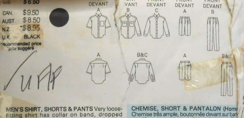 BUTTERICK 3217 MENS SHIRT-SHORTS-PANTS SIZE XS-S-M (32-40) COMPLETE-UNCUT-F/FOLDED-ZIPLOC