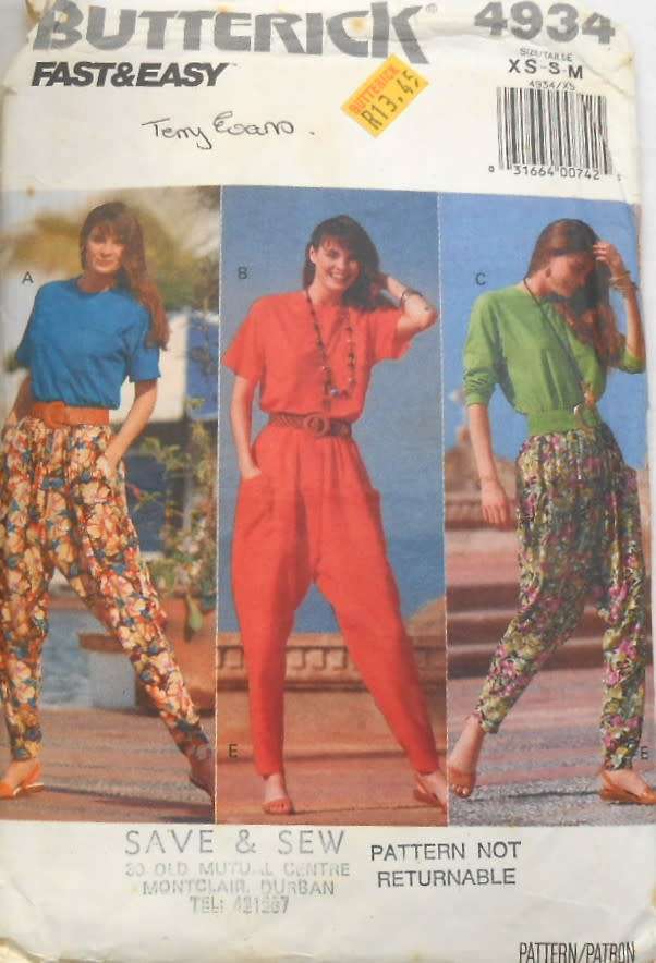 BUTTERICK 4934 PULLOVER TOP & PANTS WITH DROPPED CROTCH SIZE XS-S-M (6-14) COMPLETE-CUT TO 14-ZIPLOC