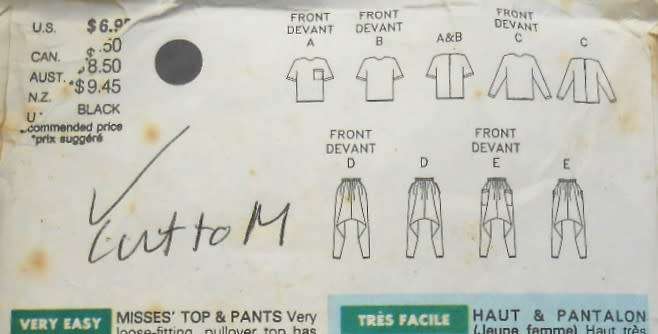 BUTTERICK 4934 PULLOVER TOP & PANTS WITH DROPPED CROTCH SIZE XS-S-M (6-14) COMPLETE-CUT TO 14-ZIPLOC