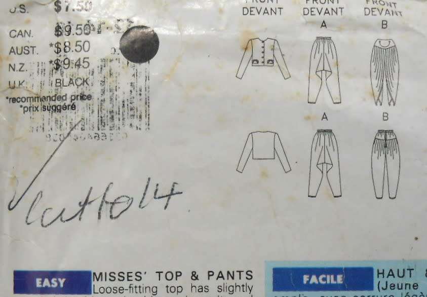 BUTTERICK 5010 LOOSE TOP & PANTS TAPERED TO ANKLE SIZE 12-14-16 COMPLETE-CUT TO 14-ZIPLOC