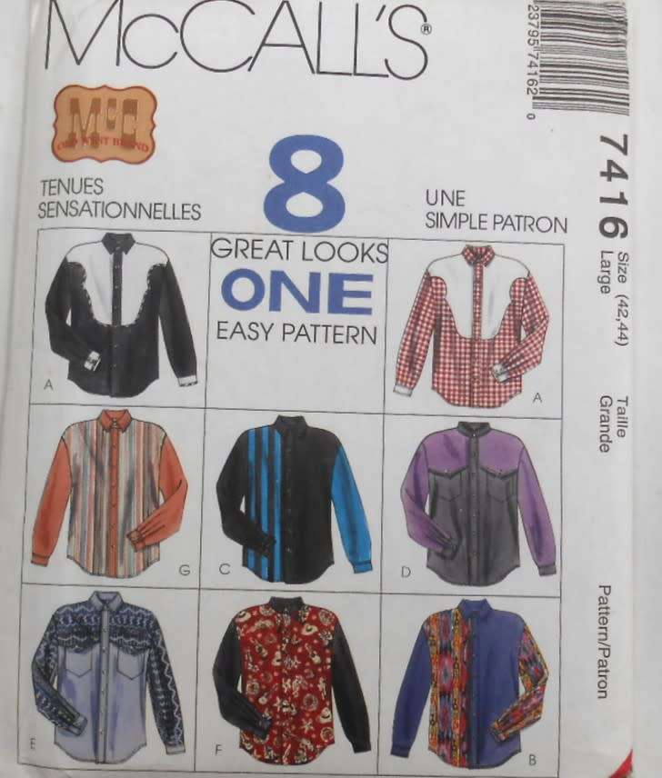 McCALLS 7416 MENS SHIRTS SIZE LARGE 42-44 COMPLETE-UNCUT-F/FOLDED ( NOTE 1 PIECE CUT)