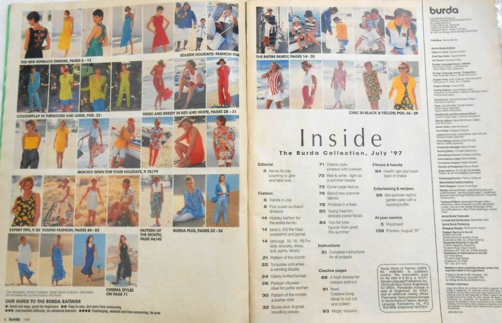BURDA MAGAZINE-A WORLD OF FASHION-JULY 1997-104 PAGES WITH PATTERN PULLOUT