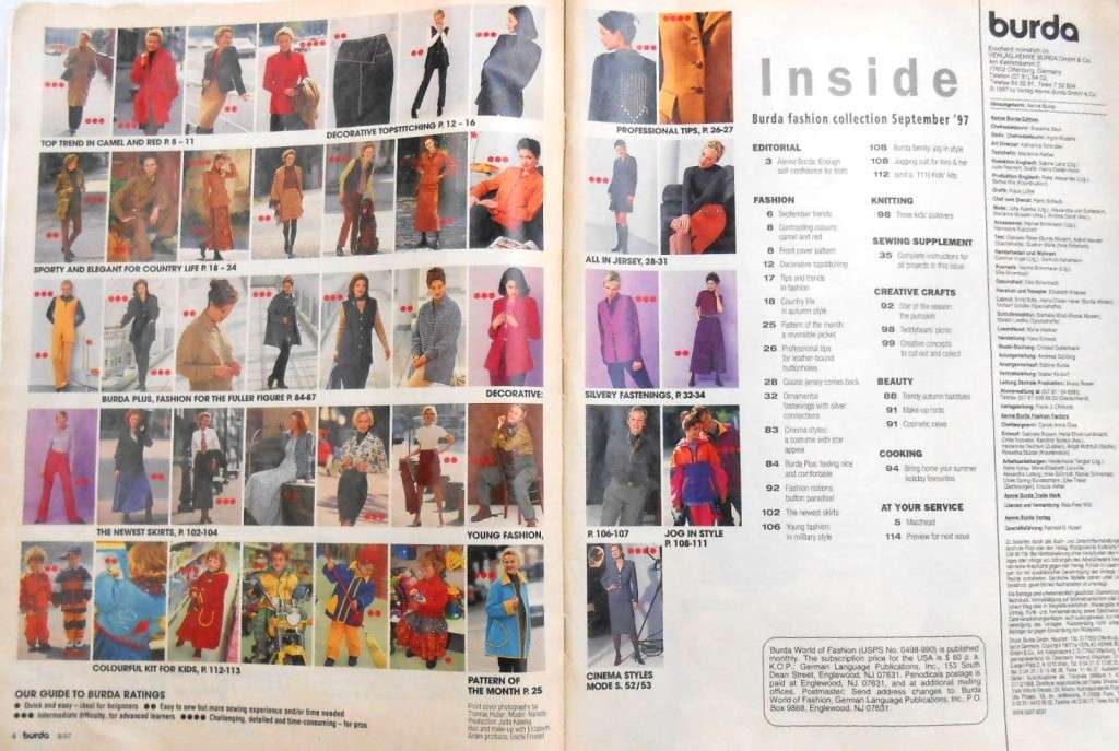 BURDA MAGAZINE-A WORLD OF FASHION-SEPTEMBER 1997-116 PAGES WITH PATTERN PULLOUT