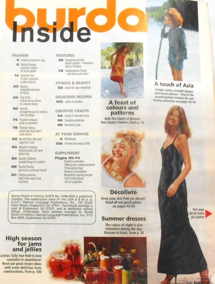 BURDA MAGAZINE-A WORLD OF FASHION-JULY 1999-108 PAGES WITH PATTERN PULLOUT