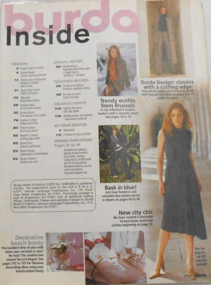 BURDA MAGAZINE-A WORLD OF FASHION-AUGUST 2000-112 PAGES WITH PATTERN PULLOUT