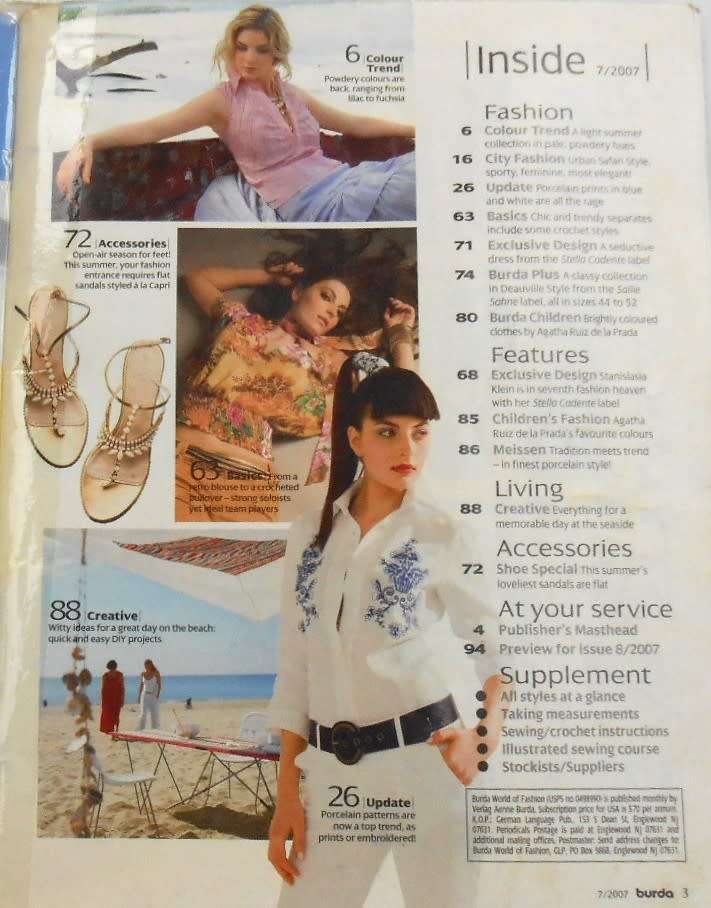 BURDA MAGAZINE-A WORLD OF FASHION JULY 2007-96 PAGES WITH PATTERN PULLOUT