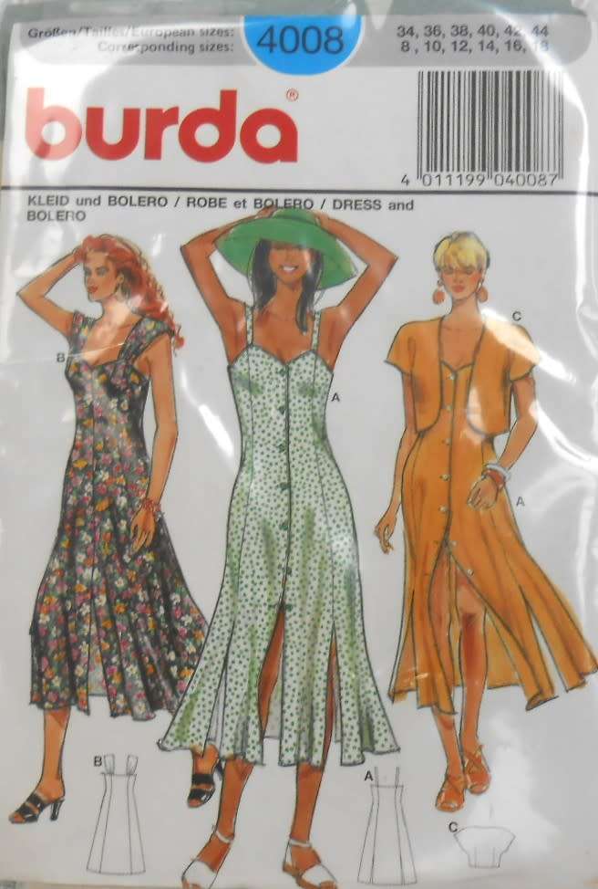 BURDA 4008 FRONT BUTTON STRAP DRESS+BOLERO SIZES 8-18 COMPLETE-UNCUT-F/FOLDED