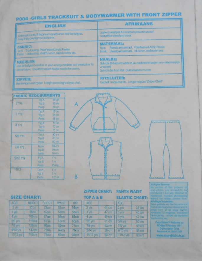 EASY STITCH PATTERNS P 004 GIRLS TRACKSUIT & BODY WARMER+FRONT ZIPPER SIZE 2-12 YRS  COMPLETE-UNCUT