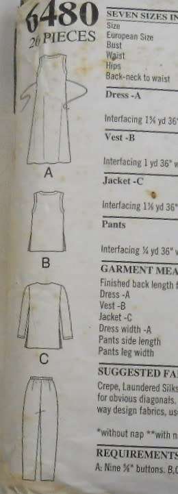 NEW LOOK PATTERNS 6480 DRESS-JACKET-TOP-PANTS SIZE 10-22  COMPLETE-PART CUT