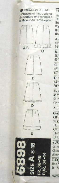 NEW LOOK PATTERNS 6898 SET OF SKIRTS SIZE 8-18-COMPLETE-UNCUT-F/FOLDED PATTERN 1-6 CUT TO 18