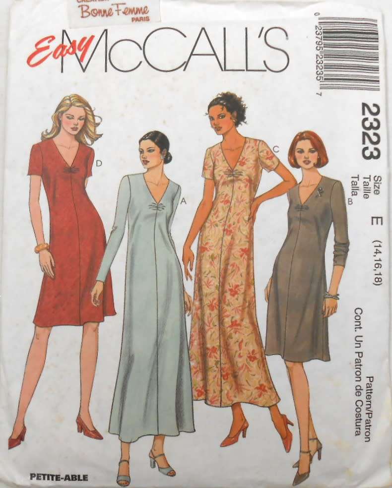 McCALLS 2323 DRESS WITH V NECK LINE SIZE 14-16-18-COMPLETE-UNCUT-F/FOLDED