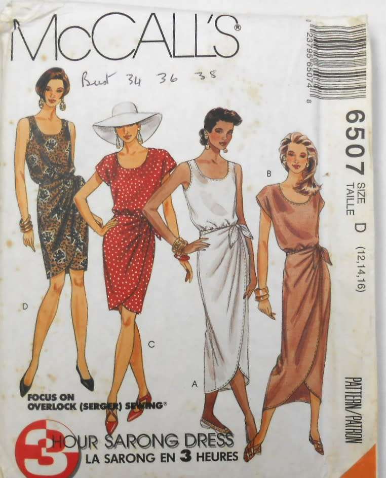 McCALLS 6507 MOCK SARONG DRESS IN 2 LENGTHS SIZE 12-14-16 COMPLETE-UNCUT-F/FOLDED