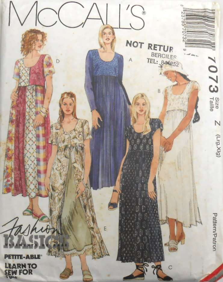 McCALLS 7073 EMPIRE SEAMED DRESS SIZE L-XL(16-22)- COMPLETE-UNCUT-F/FOLDED (REFOLDED)