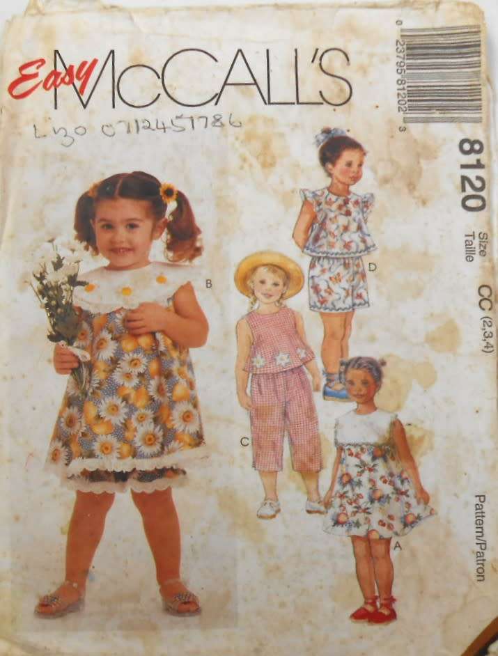 McCALLS 8120 TODDLERS DRESS OR TOP SIZE 2-3-4 YEARS-CUT TO 4 YEARS-NO PANTS PATTERN SUPPLIED