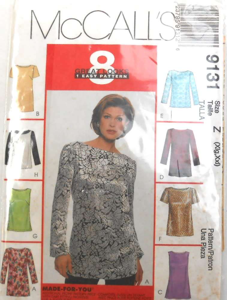 McCALLS 9131 TOPS IN 2 LENGTHS SIZE XL-XXL (20-26) COMPLETE-UNCUT-F/FOLDED-ZIPLOC