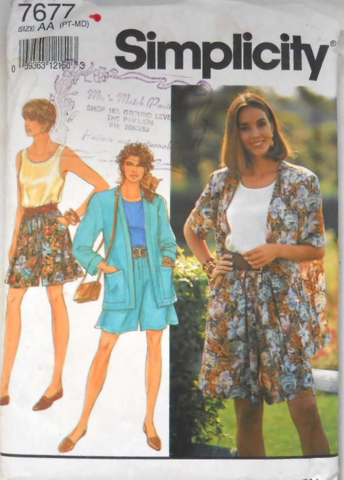SIMPLICITY 7677 SHORTS-TOP-UNLINED JACKET SIZE PT-MD(6-16) COMPLETE-PART CUT TO MED