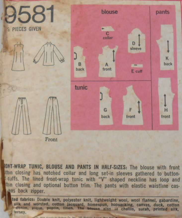 SIMPLICITY 9581 FRONT WRAP TUNIC-BLOUSE-PANTS SIZE 12 1/2 BUST 35 COMPLETE-ZIPLOC
