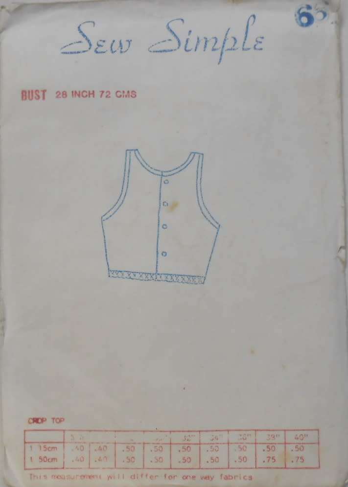 SEW SIMPLE PATTERNS 66- CROP TOP SIZE BUST 36/92 CM COMPLETE