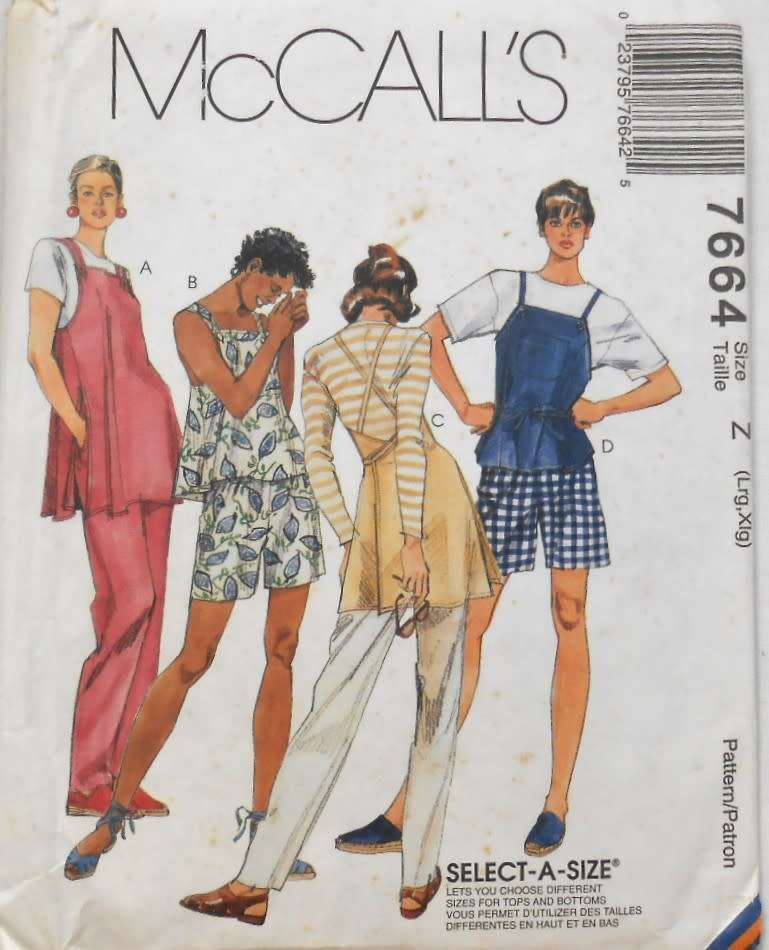 McCALLS 7664 TOPS IN 2 LENGTHS-PULL ON PANTS-SHORTS SIZE L-X, (16-22)-COMPLETE-UNCUT-F/FOLDED