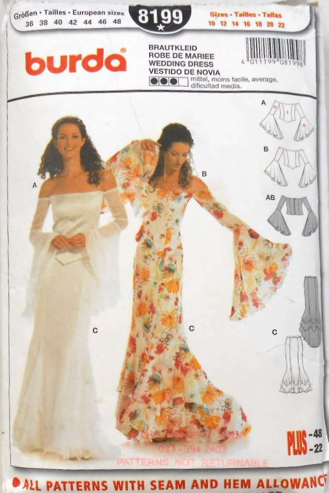 BURDA 8199 WEDDING DRESS SIZE 10-22-COMPLETE NOTE SLEEVES HAVE BEEN CUT ( BOTH SECTIONS H/W)