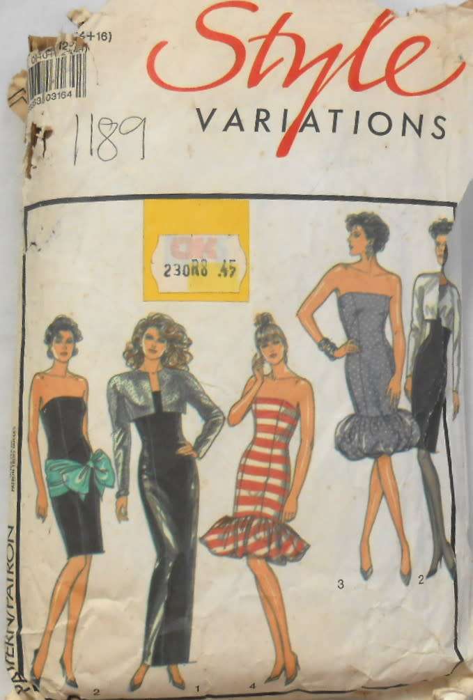 STYLE 1189 LINED STRAPLESS EVENING DRESS-BOLERO-SASH SIZE 10-16 -COMPLETE - CUT TO 16-ZIPLOC