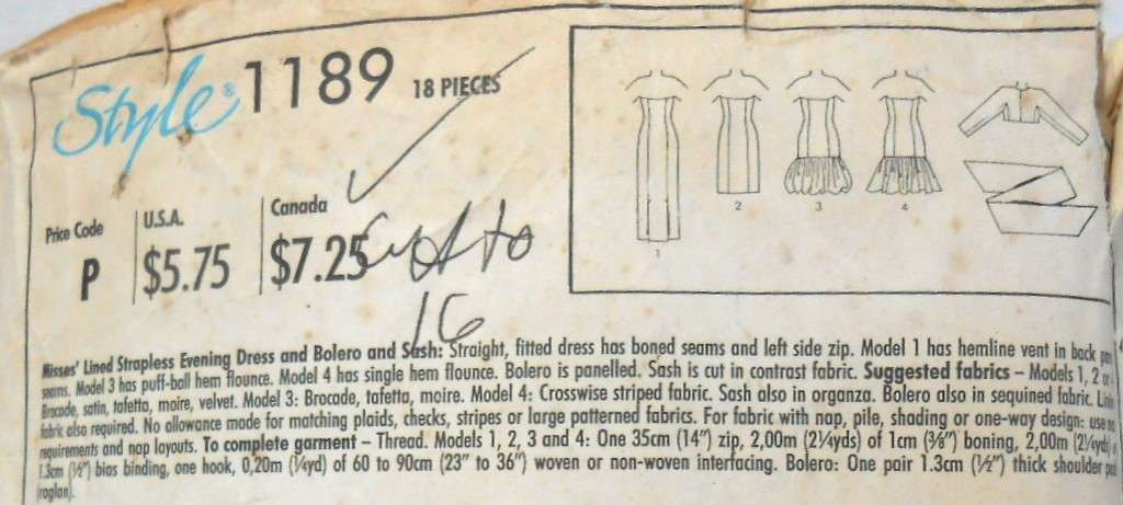 STYLE 1189 LINED STRAPLESS EVENING DRESS-BOLERO-SASH SIZE 10-16 -COMPLETE - CUT TO 16-ZIPLOC