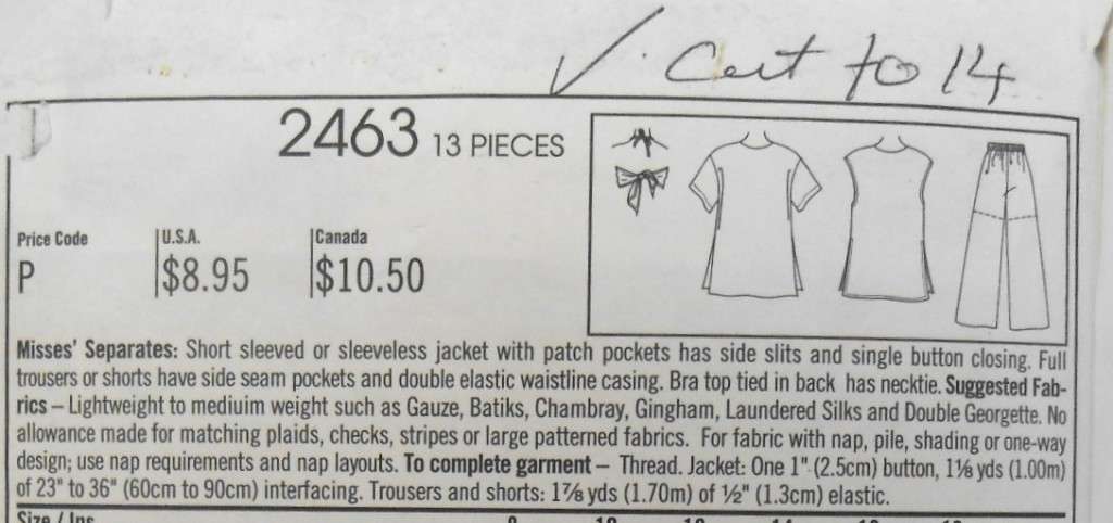 STYLE 2463 TOP-BRA TOP-PANTS SIZE 8-18 COMPLETE-CUT TO 14