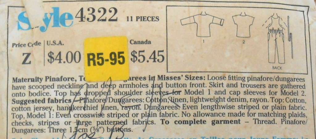 STYLE 4322  MATERNITY-PINAFORE-TOP-DUNAGREES SIZE 12-14-16 COMPLETE-CUT TO 16