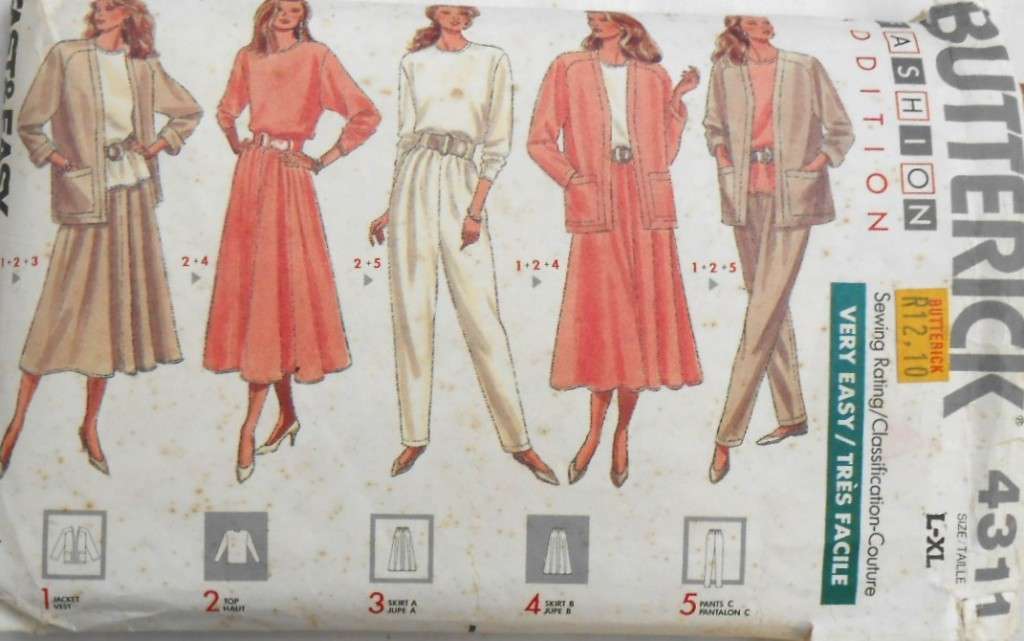 BUTTERICK 4311 JACKET-TOP-SKIRT-PANTS SIZE L-XL (16-22) COMPLETE-MOSTLY UNCUT -CUT TO XL