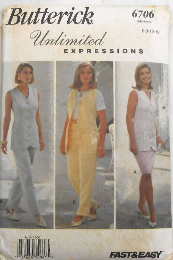 BUTTERICK 6706 TOP-SKIRT-PANTS SIZE 6-8-10-12 -COMPLETE-CUT TO 10