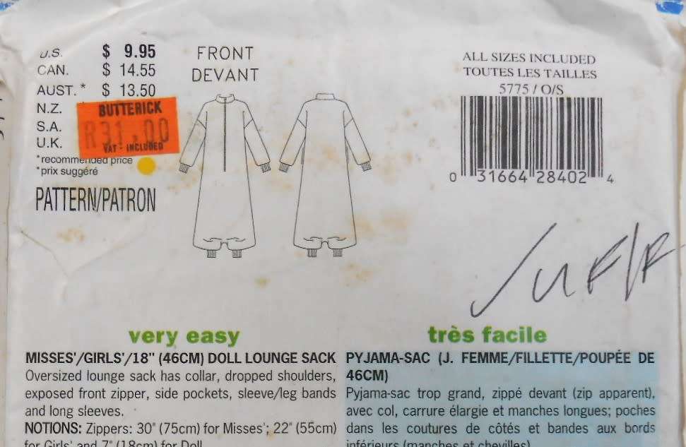 BUTTERICK 5775 MUM-DAUGHTER & DOLL 18 INCH LOUNGE SACK SIZE XS-S-M-L (6-18) COMPLETE-UNCUT-F/FOLDED