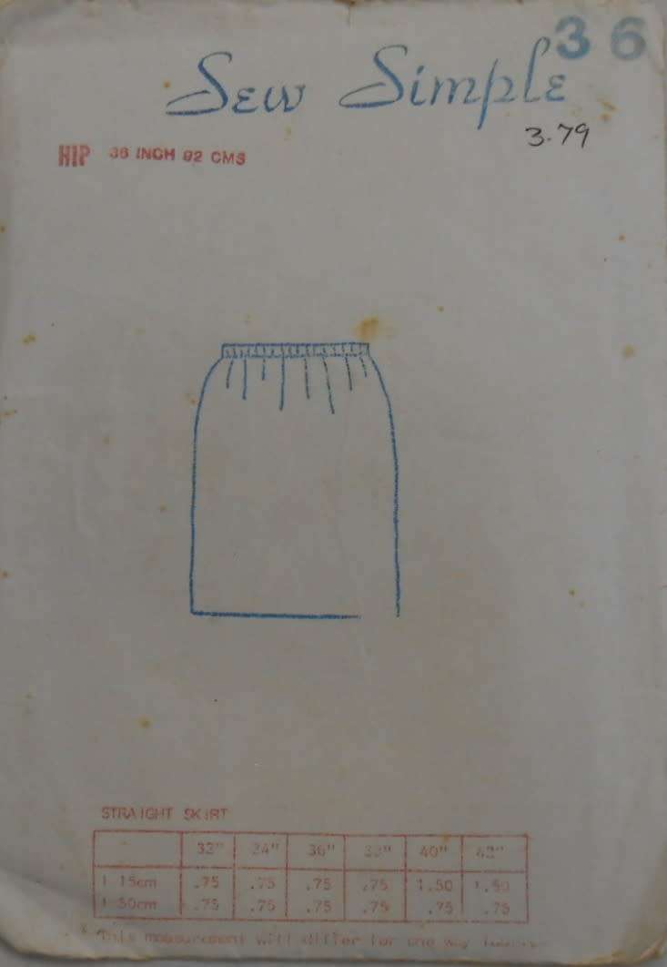SEW SIMPLE 36 STRAIGHT SKIRT SIZE 36 OR 92 CM COMPLETE