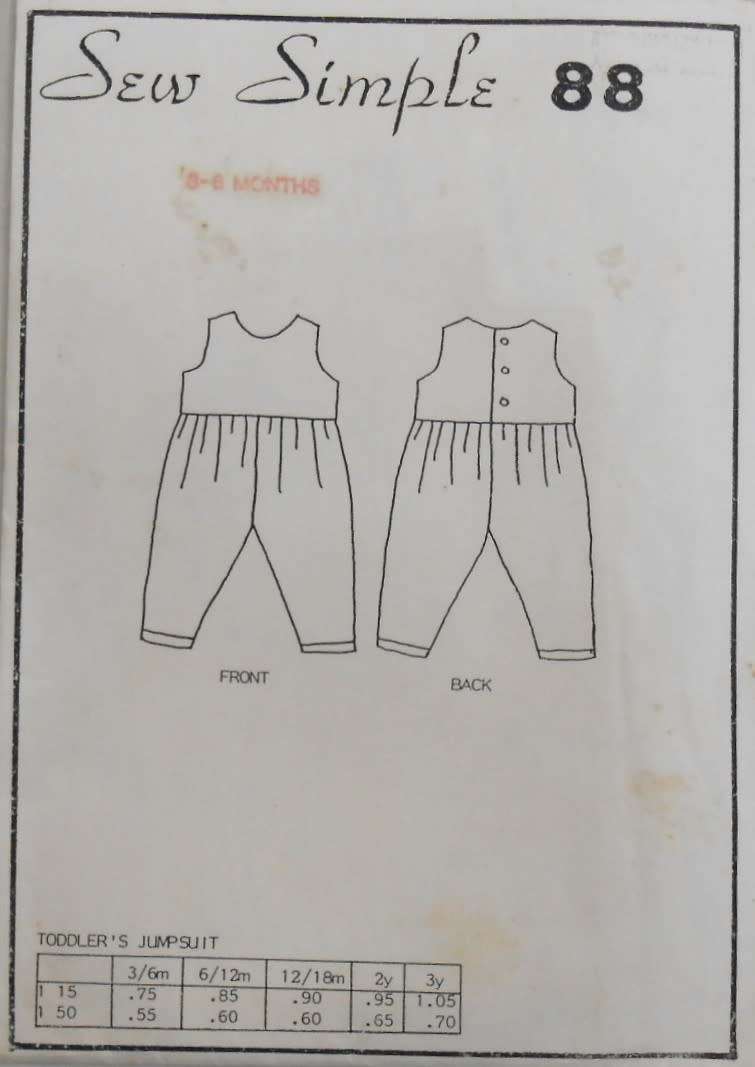 SEW SIMPLE 88 BABY/TODDLERS JUMPSUIT SIZE 3-6 MONTHS COMPLETE