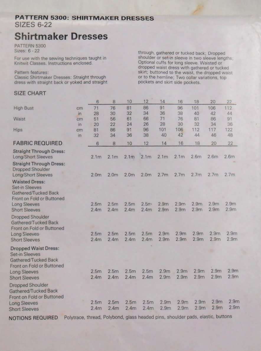 KNITWIT PATTERN 5300 LADIES SHIRTMAKER DRESSES SIZE 6 - 22 COMPLETE-UNCUT