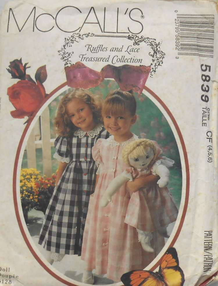 McCALLS 5839 GIRL & DOLLS DRESS & PANTLOONS SIZE 4-5-6 YEARS COMPLETE-CUT TO 6 & RUFFLES DOLL