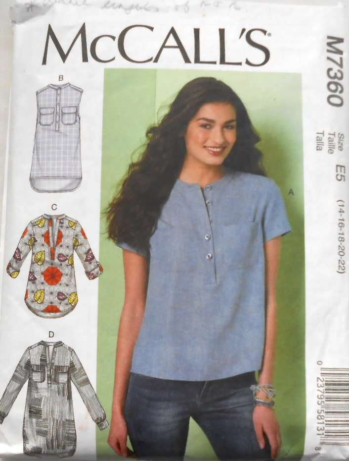 McCALLS M7360 LOOSE FITTING TOPS SIZE 14-16-18-20-22 COMPLETE-CUT TO 14/16