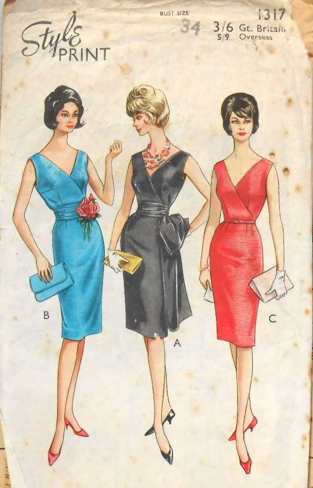 VERY VINTAGE STYLE PRINT 1317 SLIM SKIRTED DRESS WITH CROSSOVER BODICE SIZEBUST 34COMPLETE-UNCUT-F/F