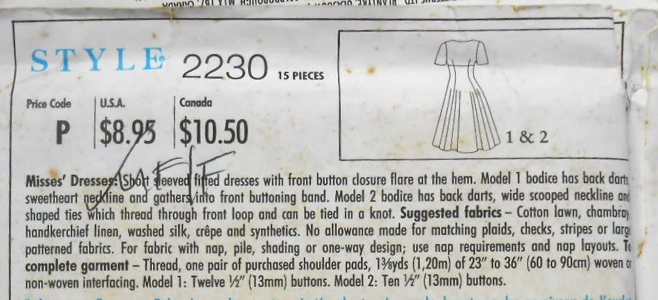 STYLE 2230 SHORT SLEEVE FITTED DRESSES SIZE 6-16 COMPLETE-UNCUT-F/FOLDED