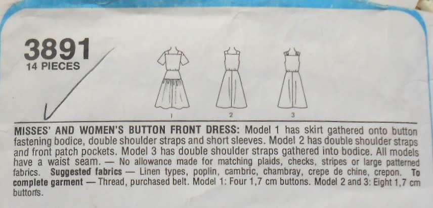 STYLE 3891 FRONT BUTTON DRESS SIZE 10-12-14 COMPLETE